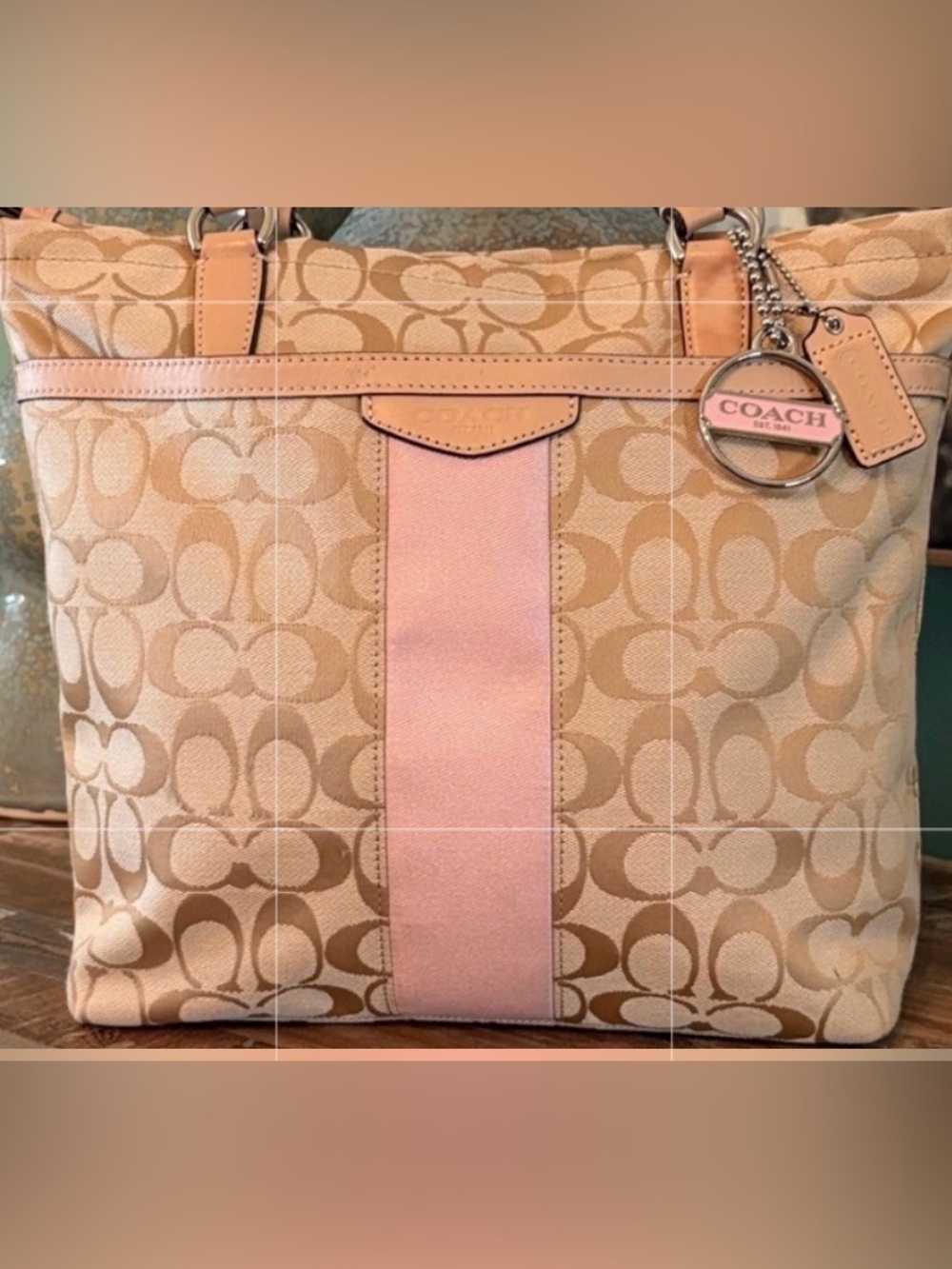 Coach Signature Canvas Tote in Tan with Pink Center Stripe